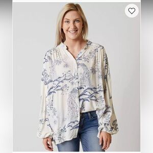 Free People Revolve Metallic Bloom Top Ivory Blue Long Sleeve Oversized Large